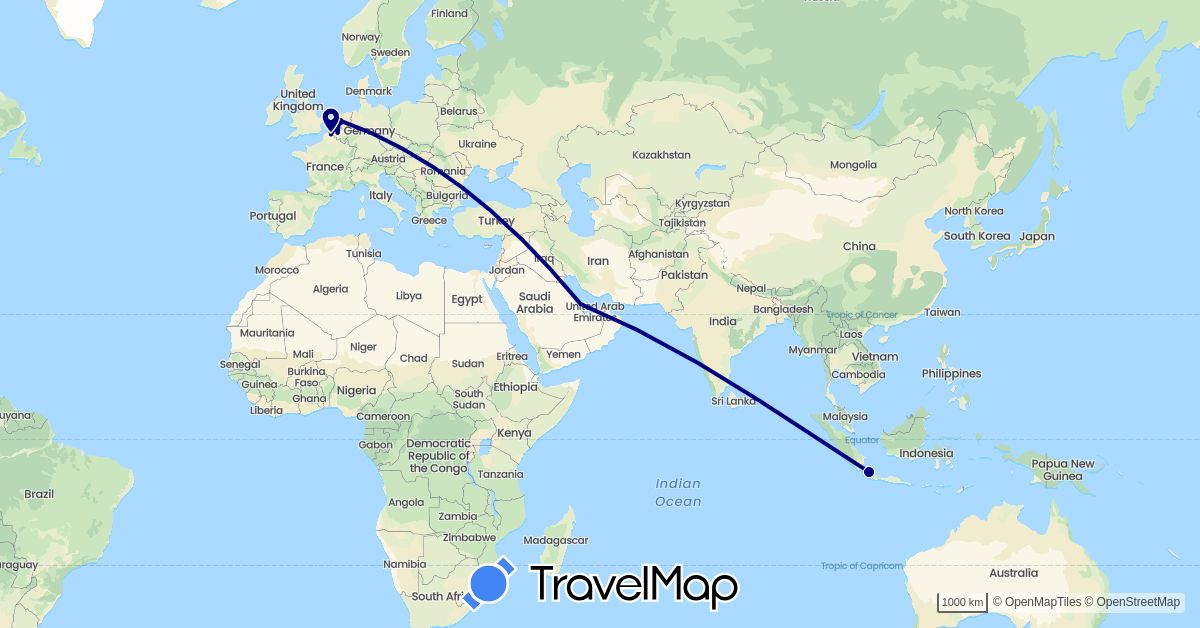 TravelMap itinerary: driving in Belgium, France, Indonesia, Netherlands, Qatar (Asia, Europe)
